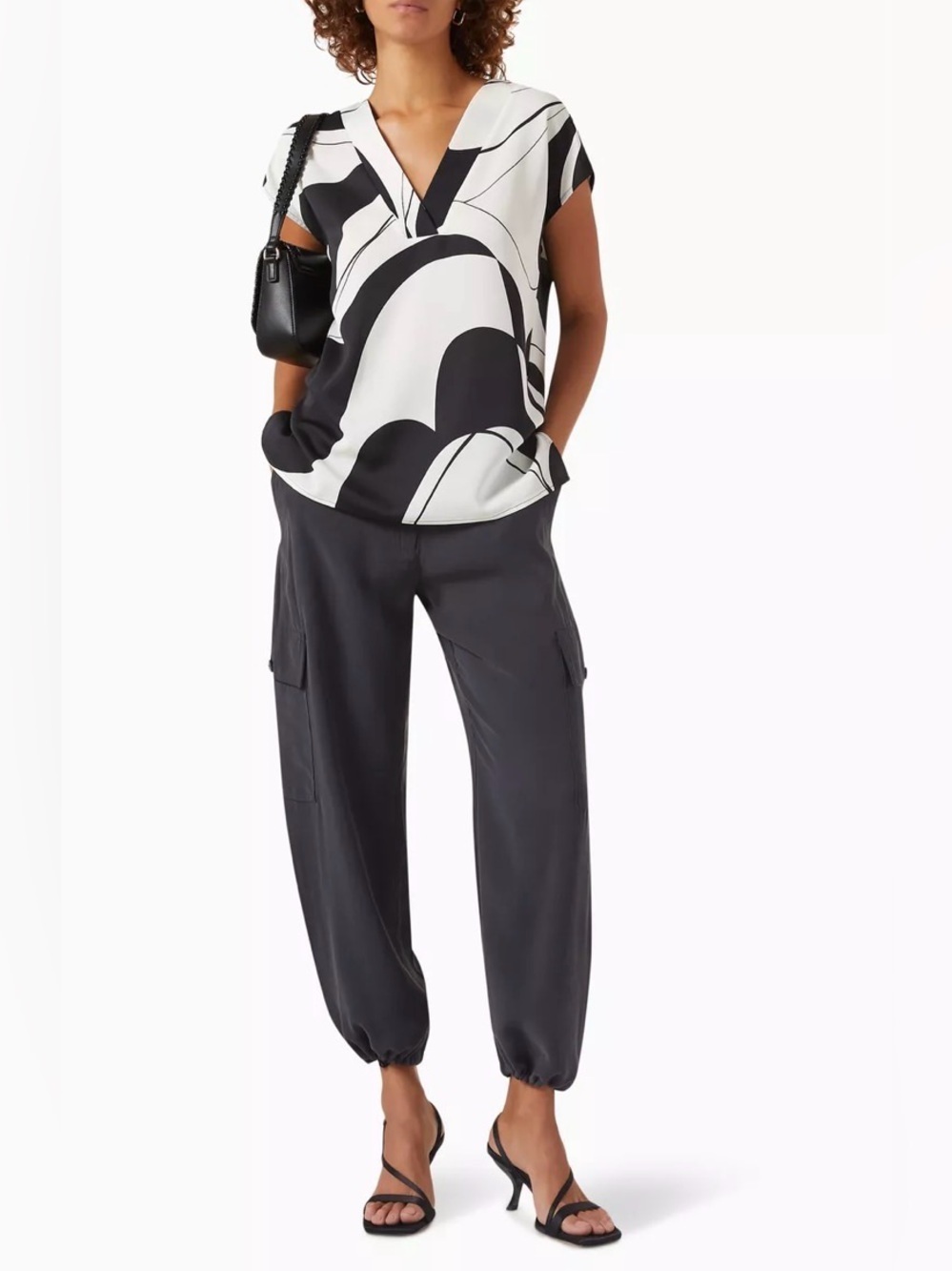 Marella Doga Abstract Satin Blouse Sz 4 Black White V-Neck Minimal EUC
